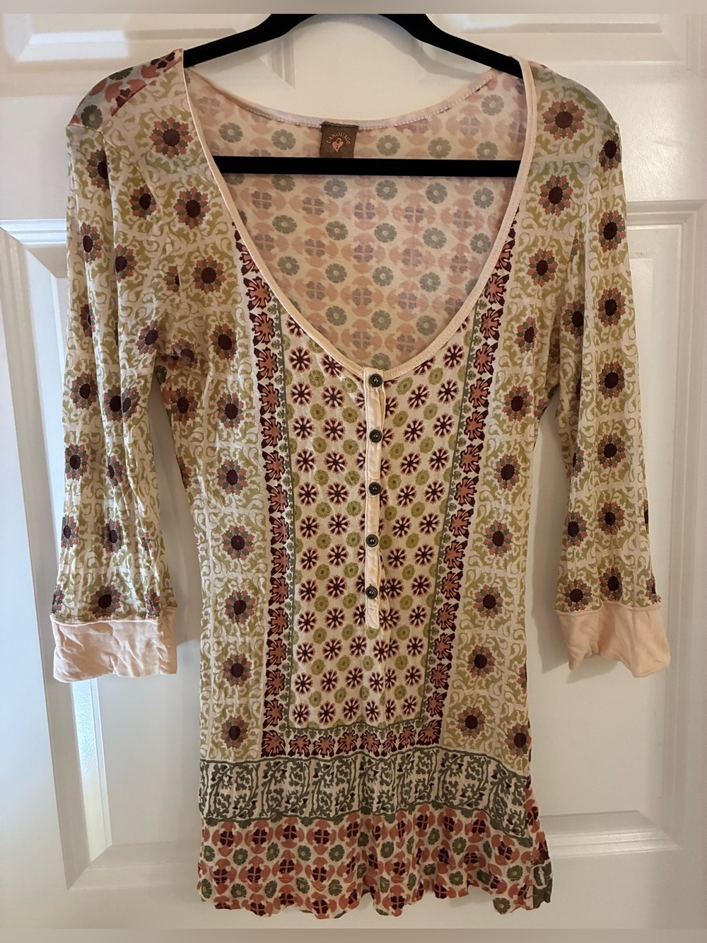 Language Boho Floral Button-Front Tunic in Cream, Pink and Olive